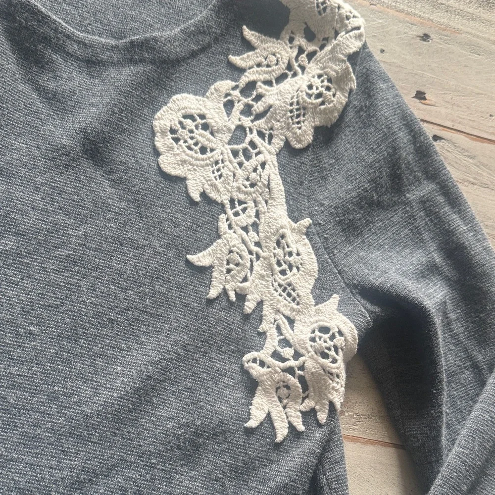J. Crew Gray Sweater with Cream Lace Detail - Picture 3 of 4